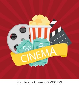 Abstract Cinema Flat Background with Reel, Old Style Ticket, Big Pop Corn and Clapper Symbol Icons. Vector Illustration EPS10
