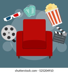 Abstract Cinema Flat Background with Reel, Old Style Ticket, Big Pop Corn and Clapper Symbol Icons. Vector Illustration EPS10