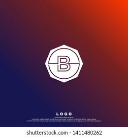 abstract circle B logo letter with line design concept. geometric octagonal stamp logotype. octagon business symbol. technology logo letter with purple and orange background color vector illustration