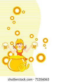 abstract circle background with earthenware, horseshoe and girl holding beer mug