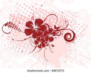 abstract circle background with grungy maroon hibiscus blossom