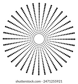 Abstrakter Kreishintergrund. Halbtonhintergrund. Kreis, Ring Formen aus Flecken, Punkten, winzigen Perlen, Flecken, Schneeflocken. Satz schwarzer, dicker, gepunkteter Halbton-Geschwindigkeitslinien. Geometrische Kunst.