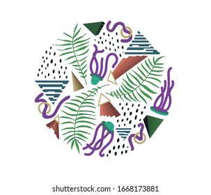 Abstrakter kreisförmiger Hintergrund mit Palmenblättern. Vektorillustration-Illustration einzeln auf Weiß.