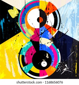 abstract circle background, retro/vintage style, illustration with paint strokes, splashes and geometric lines 