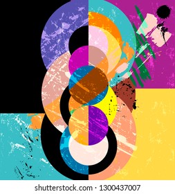abstract circle background, retro/vintage style with paint strokes and splashes, grungy