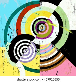 abstract circle background, retro/vintage style with paint strokes and splashes 