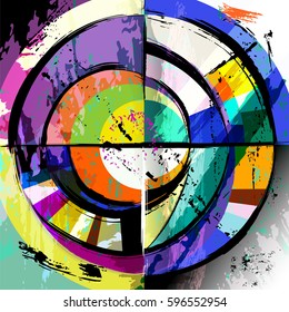 abstract circle background, retro/vintage style with paint strokes and splashes 
