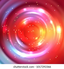 Abstract circle background, Vector design. Vector infinite round tunnel of shining flares. Red, yellow, blue, pink colors.
