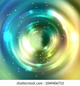 Abstract circle background, Vector design. Vector infinite round tunnel of shining flares. Blue, yellow, green colors.