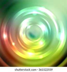 Abstract circle background, Vector design. Green, yellow, orange colors.  Vector infinite round tunnel of shining flares.  