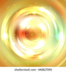 Abstract circle background, Vector design.  Infinite round tunnel of shining flares.  Yellow, orange, white colors. Golden backdrop.