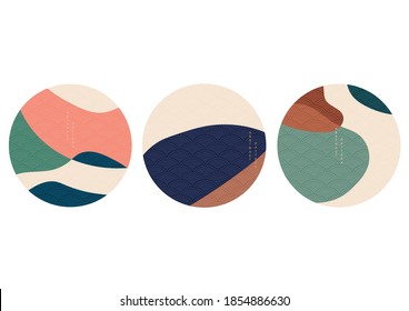 Antecedentes de círculo abstracto con el patrón de onda japonés. Plantillas curvadas con un patrón geométrico. Diseño de bosque de montaña en estilo vintage. 