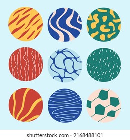 Abstract circle backgrounds or patterns set. Hand drawn curved doodle shapes. Animal skin, dash, dots, wavy lines. Contemporary modern elemenys for posters, social media templates vector illustration
