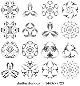 Abstract circle backgrounds. Trendy geometric fantasy black and white patterns, signs, symbols, flowers, emblems, icons. Vector modern design elements.