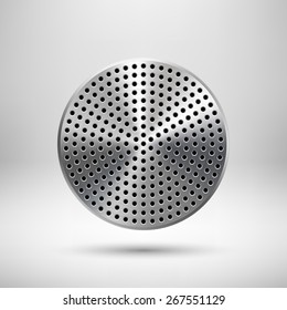 Abstract circle badge, audio button template with circle perforated speaker grill pattern, metal texture (chrome, steel, silver), realistic shadow and light background. Vector illustration.