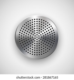 Abstract circle badge, audio button template with circle perforated speaker grill pattern, metal texture (chrome, steel, silver), realistic shadow and light background. Vector illustration.