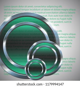 Abstract circle badge, blank button template with metal texture (chrome, silver, steel), realistic shadow and light background. Vector illustration.