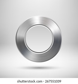 Abstract circle badge, blank button template with metal texture (chrome, silver, steel), realistic shadow and light background for web user interfaces, UI, applications and apps. Vector illustration.