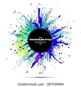 Abstract circle banner with place for text. Colorful background with watercolor stains and molecular geometric grid, vector pattern.