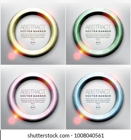Abstract circle banner set of 4. Round frames in 4 different pastel colors. Frames with shiny lights. Isolated on the light panel. Each item contains space for own text. Vector illustration. Eps 10.
