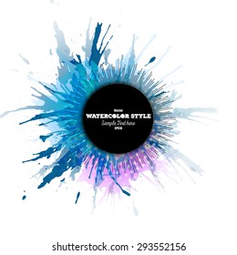 Abstract circle black banner with place for text, watercolor stains and vintage style star burst. Colorful background, business vector pattern.