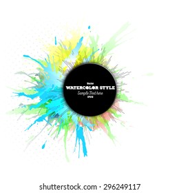 Abstract circle black banner with place for text, watercolor stains and vintage style star burst. Colorful background, business vector pattern.