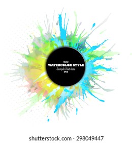 Abstract circle black banner with place for text and watercolor stains. Colorful background, business vector pattern for your design.