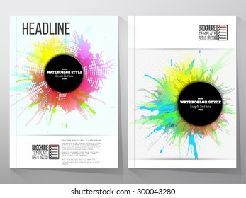 Abstract circle black banners with place for text, watercolor stains and vintage style star burst. Business vector templates for brochure, flyer or booklet.