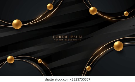 Abstract circle black shape with golden ring and 3d gold ball decoration on dark background. Vector illustration