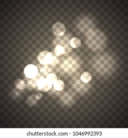 Abstract circle bokeh effect isolated on transparent background. Round defocused sun glare. Magical Light Spots. Luminous particles on dark backdrop. Glowing festive lights. Vector illustration.