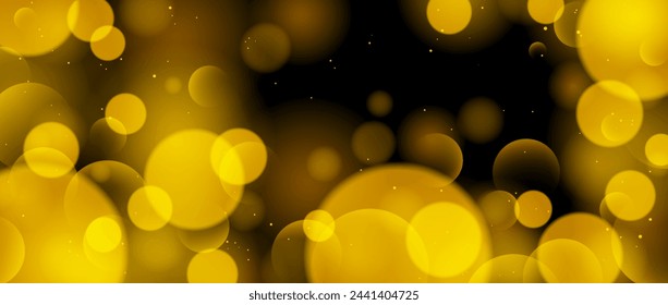 Abstract circle bokeh wallpaper. Gold yellow color blur effect on black background. Shiny golden light sparkle texture. Blurry backdrop for decoration, card, poster, banner, flyer. Vector illustration