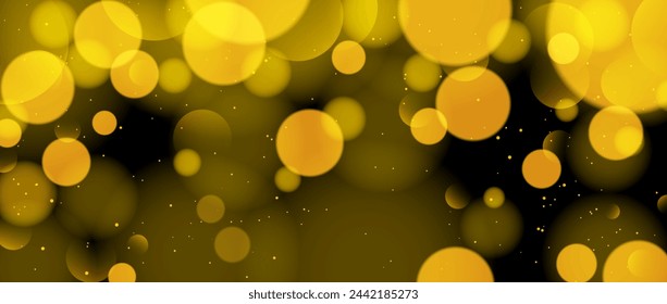 Fondo de pantalla abstracto círculo bokeh. Efecto de desenfoque amarillo dorado sobre fondo negro. Brillante textura dorada brillante. Fondo borroso para la decoración, tarjeta, póster, banner, volante. Ilustración de vector