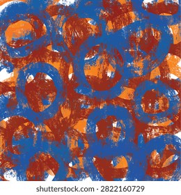Abstract circle brush stroke pattern with blue and rust orange hand-painted texture on a white background. Bold repeating circular design ideal for wallpapers, prints, and creative backdrops.