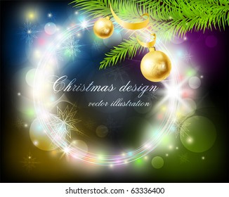 Abstract Circle Christmas Background with fur tree, snowflakes, balls and ribbon for xmas design. eps 10