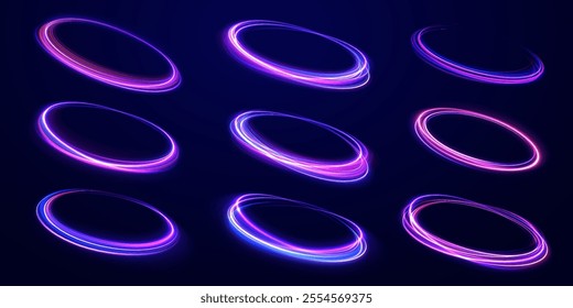 Abstract circle, color glowing lines background. Curve white line light effect. Light cool whirlwind. Vector sparkle, png, effect, wave,neon,line.