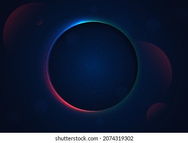 Resumen de la dimensión profunda del círculo sobre fondo azul oscuro con luz de neón colorida brillante. Recorrido cósmico de fondo con espacio de copia para texto. Ilustración del vector