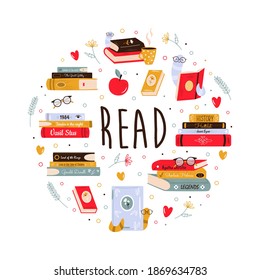 Abstract circle design with colorful books and beautiful women. Vector stylized illustration, reading concept.