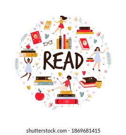 Abstract circle design with colorful books and beautiful women. Vector stylized illustration, reading concept.