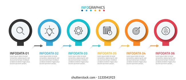 Abstract circle design elements for infographic. Timeline with 6 steps, options and marketing icons. Can be used for annual report, workflow diagram, presentation or web design. Vector illustration.