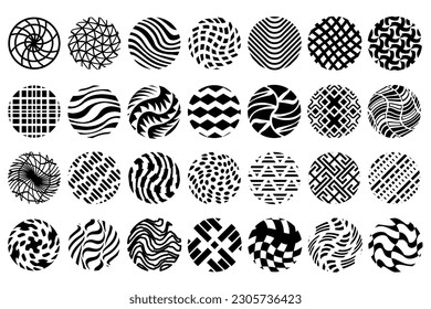Abstract circle design elements. Textured circles, spheres graphic design elements. Monochrome patterned circles.