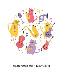 Diseño circular abstracto con gatos graciosos tocando instrumentos musicales y cantando. Ilustración vectorial. Diseño de caracteres. Colección de mascotas. Músicos de jazz