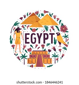 Abstract circle design with landmarks and symbols of Egypt. Vector illustration
