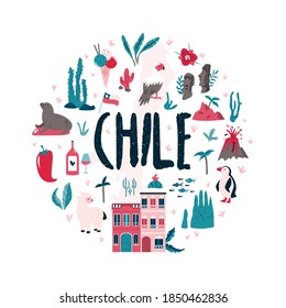 Abstract circle design with landmarks and symbols of Chile and Easter island. Design, banner for travel guides, prints, souvenirs