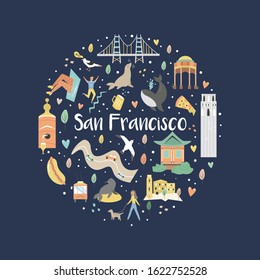 Abstract circle design with San Francisco landmarks and symbols