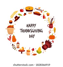 Abstract circle design for Thanksgiving day with famous symvols pie, pumpkin, hat, turkey. Colorful vector illustration