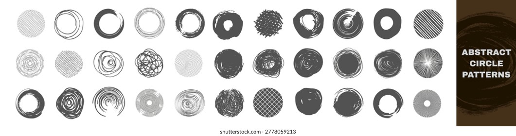 Abstract circle element set with diverse hand-drawn patterns and textures on transparent background