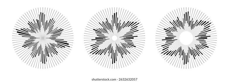Abstract circle elements with rays, beams. Starbursts shapes collection isolated on white background. Abstract circular graphic elements. Radiating lines. Vector icons.