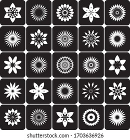 Abstract circle floral design elements. Decorative white icons on black background. Vector art.
