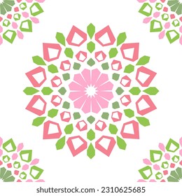 Abstract circle floral-like seamless pattern.  Hexagon element in pink and green on white background. For baby girl cloth decoration table cover spring summer picnic 