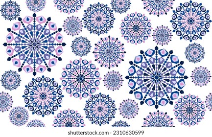 Abstract circle floral-like seamless pattern.  Geometric elements in very-peri,pink, purple and blue on white background. For cloth shirt lady dress decoration table cover spring summer picnic 